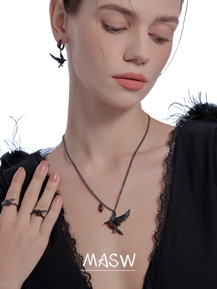 MASW Original Design Hiphop Cool Hot Girl Style Red Crystal Black Bird Drop Earrings For Women Party Gift Modern Jewelry