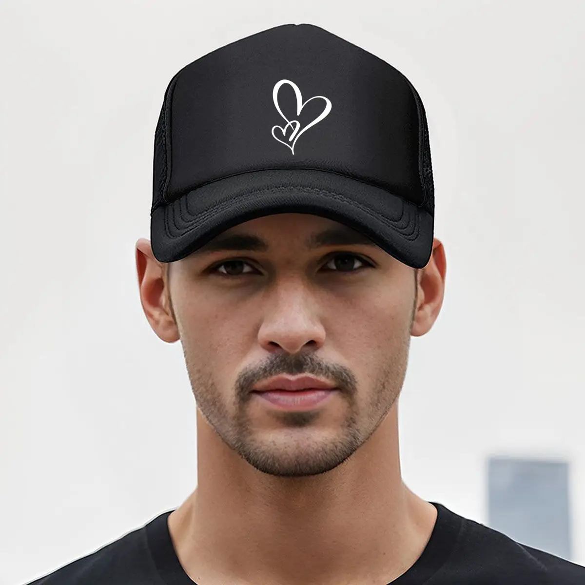 A Cute Heart-Patterned Baseball Cap - Beige with a White Heart Design, Featuring an Adjustable Snapb 2026 Mesh Baseball Cap view 5