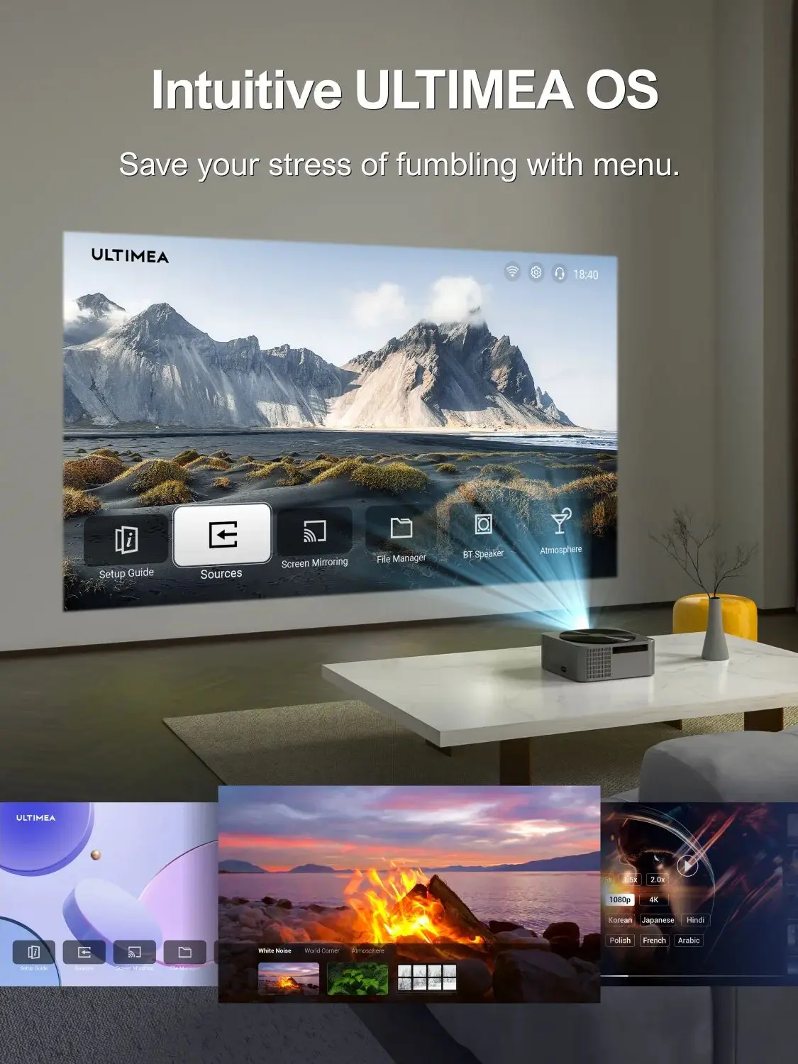 ULTIMEA Smart Autofokus-Projektor für Heimkino |   Sehen Sie sich 4K-Filme und Spiel auf einem riesigen 1080P-Bildschirm mit WLAN/Bluetooth an |   Einfach