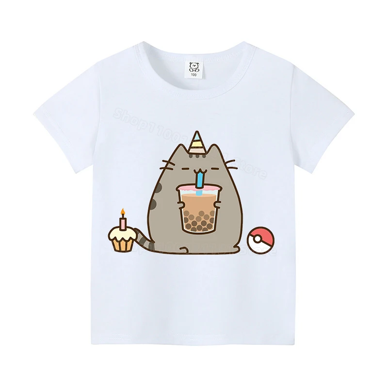 Pusheen Cat T Shirt for Girls Boys Kawaii Cartoon Children\'s Clothes Cotton T-shirt Pink Tee Tops Cute Anime Clothing Kids Gift