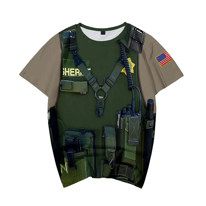 الزي العسكري شريف ثلاثية الأبعاد تي شيرت الصيف موضة الرجال النساء التي شيرت عادية كم قصير تي شيرت الملابس