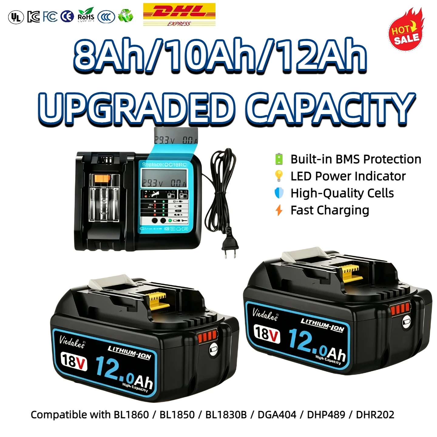 

Аккумулятор для Makita 18В, литий-ионный, перезаряжаемый, 8Ач, 10Ач, 12Ач, совместим с BL1860, BL1850, BL1830B, для DIY-проектов и модернизации.