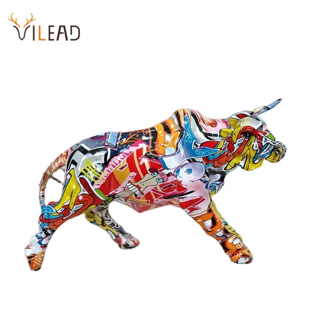 Vilead Graffiti Charging Bull Statue Resin Anime Pop Art Modern Design Painting Sculpture Home Room Decoration Figurine Mosaic