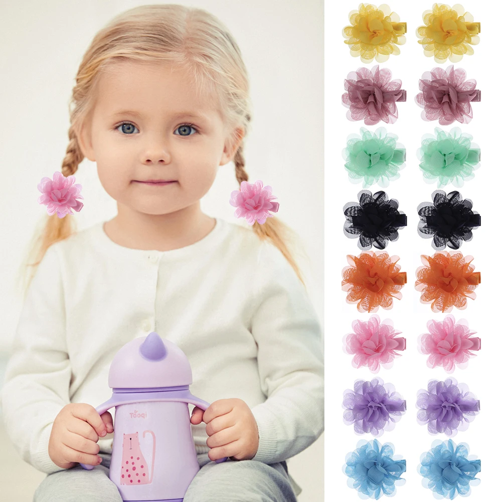 

2Pcs/Lot Chiffon Flower Baby Hair Bows Clips 5.5cm Solid Sweet Covered Safety Bobby Hairpins Hairgrips Seaside Girls BB Barrette