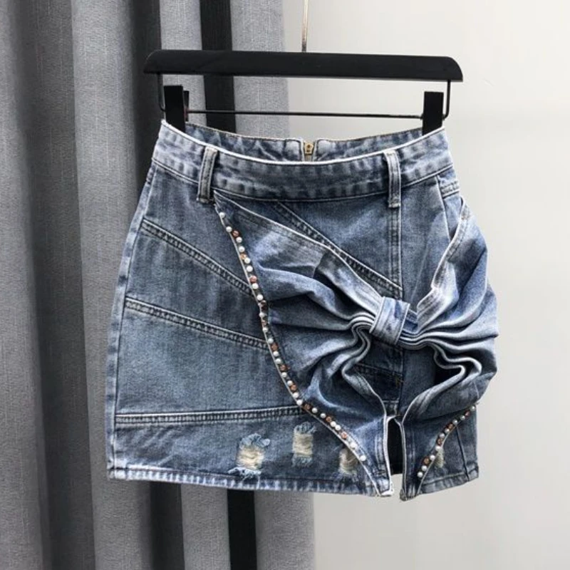 Women 3D Big Bowtie Flower Short Denim A-Line Skirt Summer Diamonds Beaded Wrap Hip Jeans Mini Skirt  High Waisted Faldas 2024