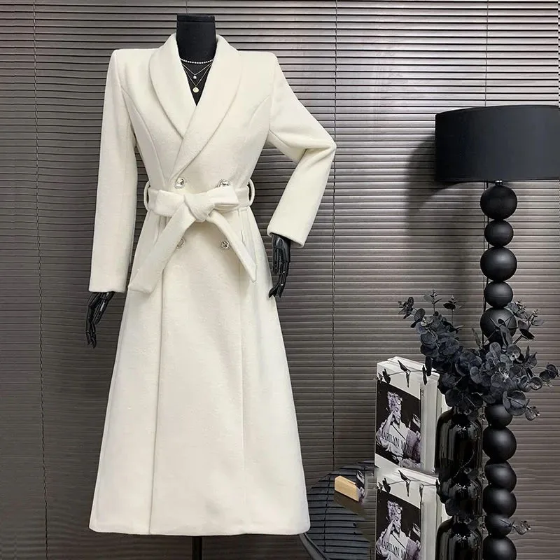 

2025 New High-Quality Thickened Double-Breasted Women Woolen Coat Autumn Winter Fashionable Elegant White Women Woolen Coat H471