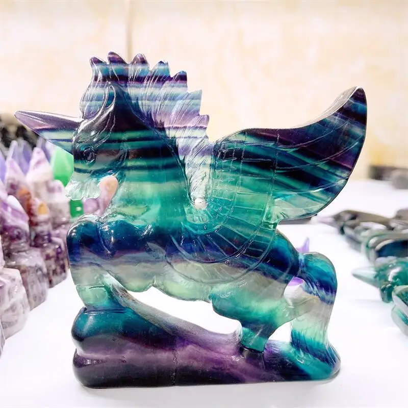 Natural Rainbow Fluorite unicorn Carving Statue Crafts Animal Polished Healing Figurine Home Ornament DIY Gift 1PCS