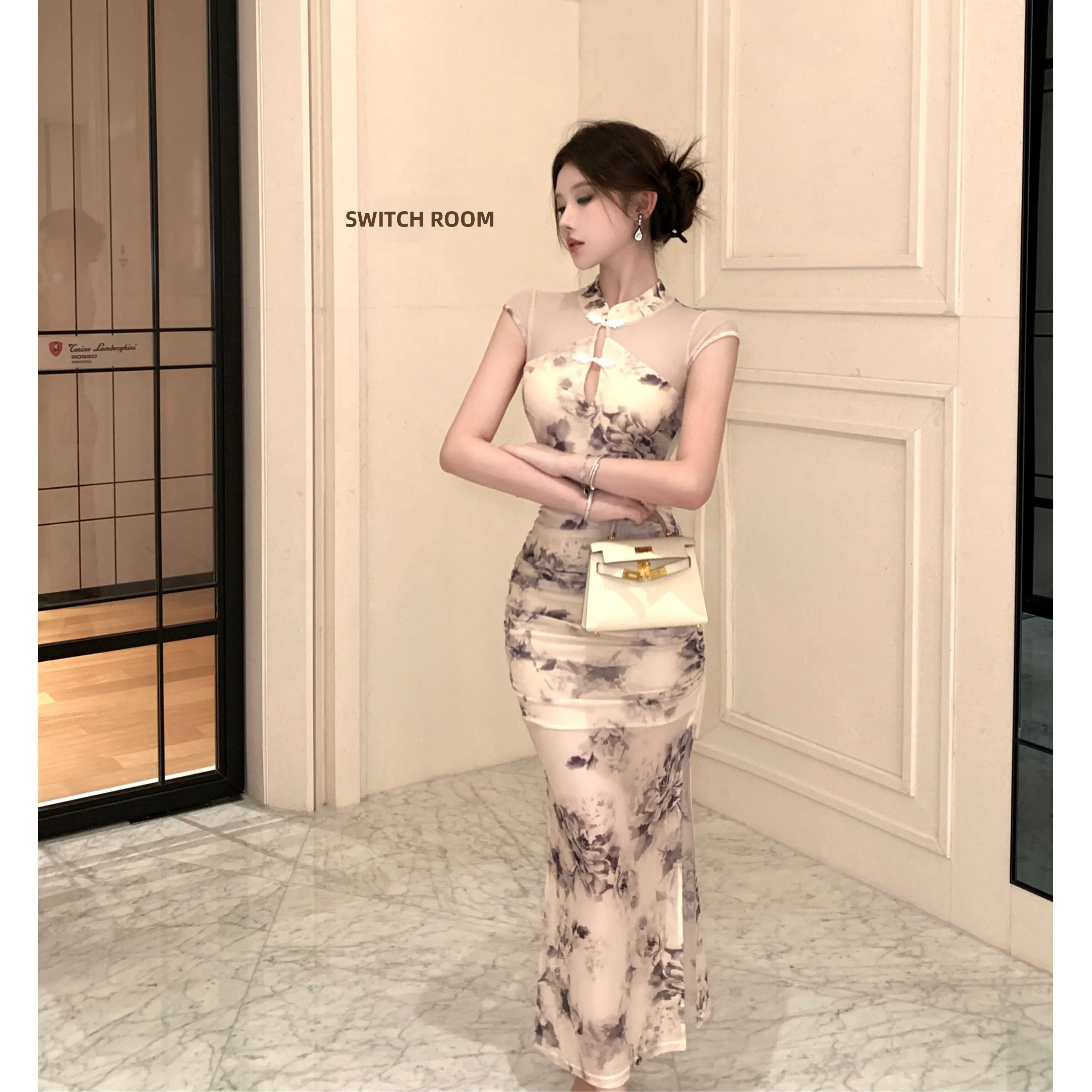 Jupe fendue à imprimé Floral pour femmes, amincissante, nouvelle collection printemps-automne, élégance, col montant ajouré, Midi Dr