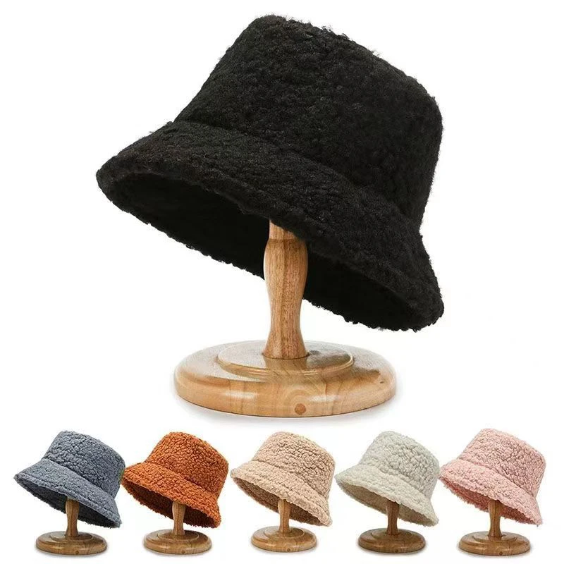 Lamb Faux Fur Bucket Hat Winter Warm Teddy Velvet Hats Caps For Women Lady Outdoor Panama Fisherman Hat