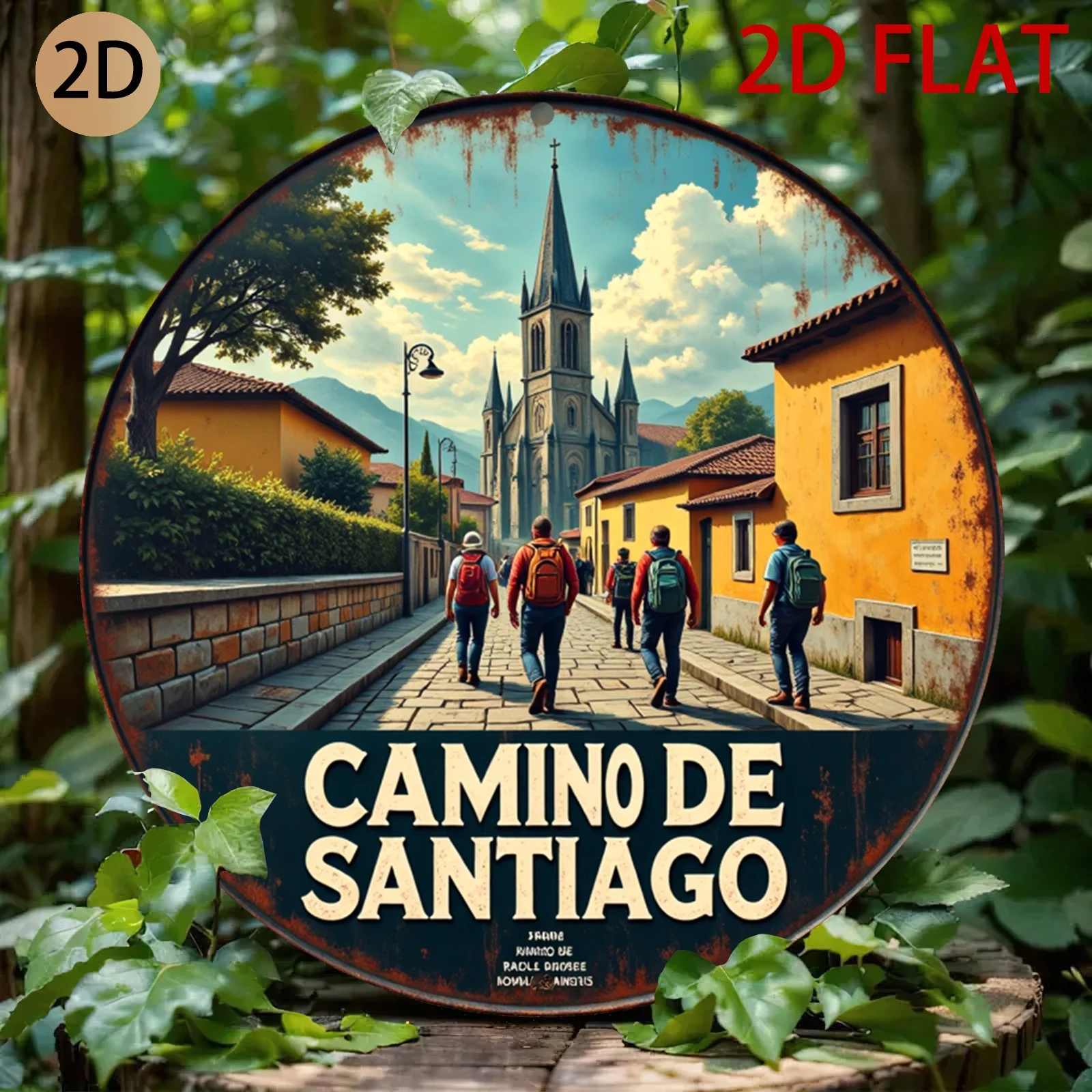 HD-Blechschild, Camino De Santiago Pilgerweg, runde Metall-Wandkunst, Reise- und Wanderdekor für Zuhause und Büro