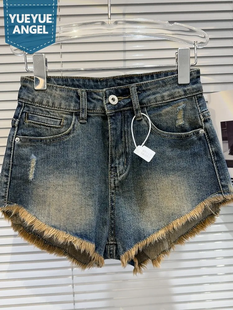 Summer Sexy Women Vintage Tassels Denim Hot Shorts Wide Leg Flare Short Jeans Trousers Casual Streetwear Washed Beach Shorts