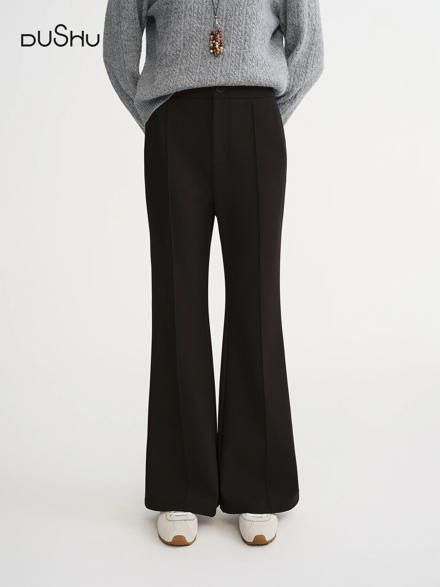 

DUSHU Женские зимние брюки больших размеров с контурным швом на флисовой подкладке в стиле колокольчика, зима 2025, Новое поступление, черные повседневные брюки на каждый день