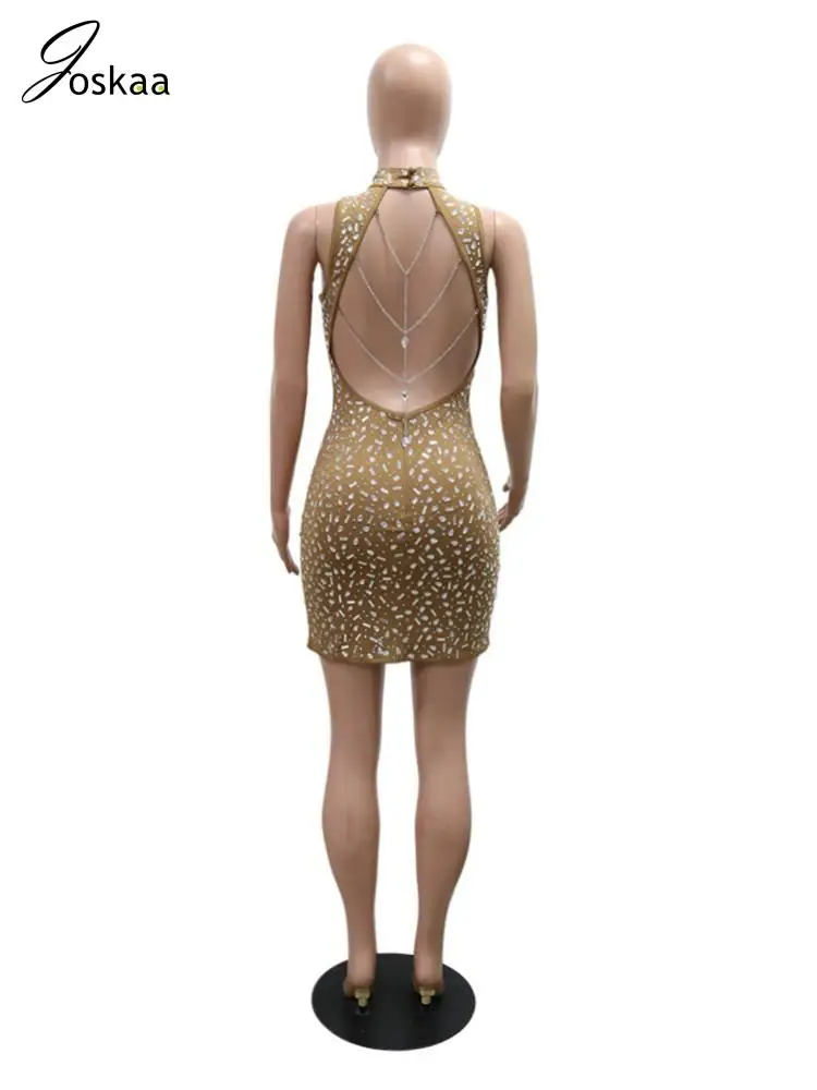Joskaa Luxury Rhinestone Party Dress Women Sexy Hollow Backless Chain Body-Shaping Mini Dresses 2025