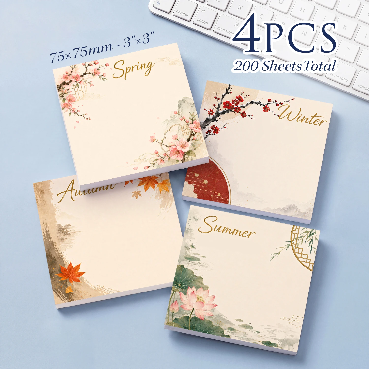 4PCS Four Seasons Self Adhesive Sticky Notes 200 Sheets Spring Blossom Summer Lotus Autumn Maple Winter Plum Floral Memo Pads Of