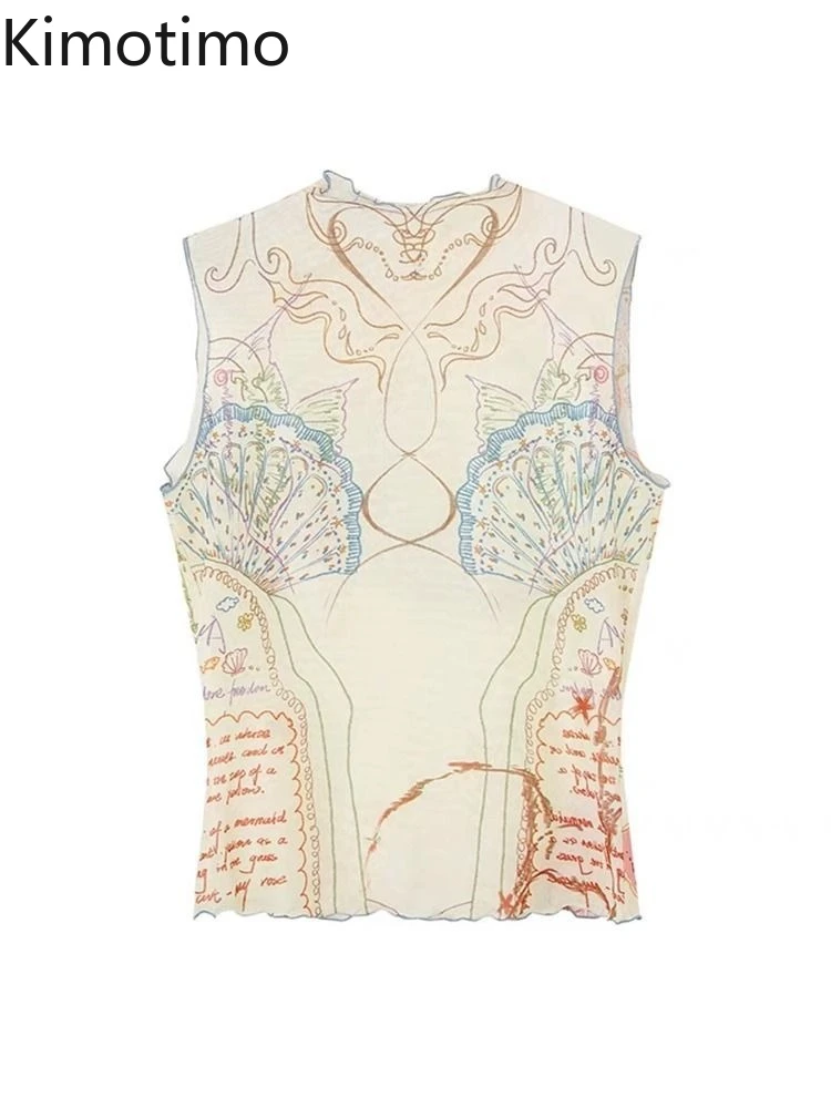 Kimotimo Y2k Mesh Print Tank Top Women Sleeveless Half High Collar Slim Fit Base Vest Harajuku Fashion Spicy Girl Camis Crop Top