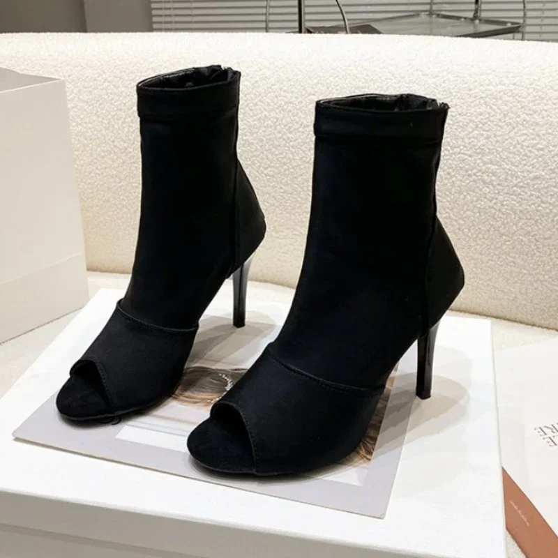 

Women High Heel Boots Sexy Thin Heel Latin Dance Shoe Temperament Slim Fit Elastic Socks Boots Open-toe Mid-calf High Heel Boots