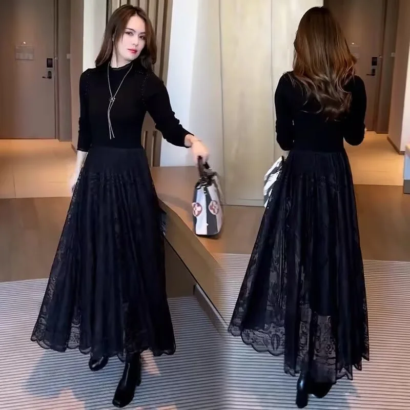 Female Fake Two Pieces Long Dresses Women Splicing Together Lace Large Size 4XL Dress Autumn Ladies Knit Maxi Dress  ﻿