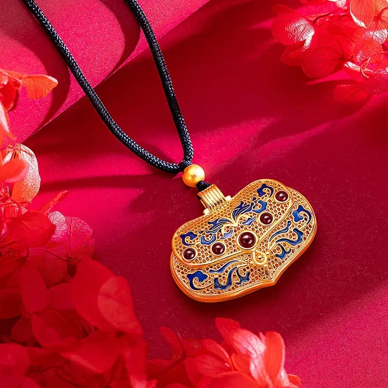 

9999 Real Gold 24K Ancient Filigree Hollow Enamel Bag Pendant Gold Ethnic Wind Filigree Burning Blue Can Be Opened Bag Pendant