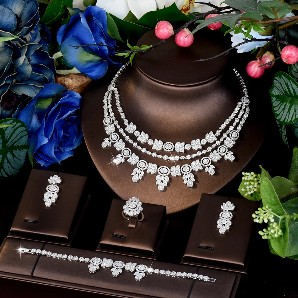 

HIBRIDE Dazzling Luxury 3-Tier Necklace Earrings Bracelet 4-Piece Women's Jewelry Set for Dubai Wedding Dance Gift S-982