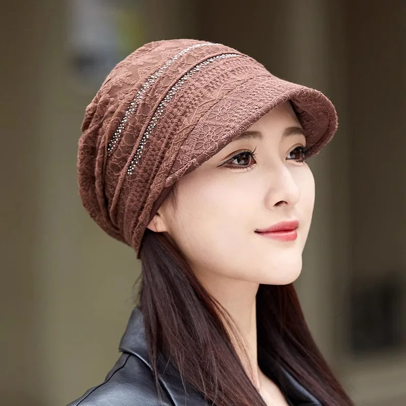 Lace Breathable Short Brim Bonnets for Women Loose Crochet Women Baseball Cap Autumn Winter Foldable Earflap Hats