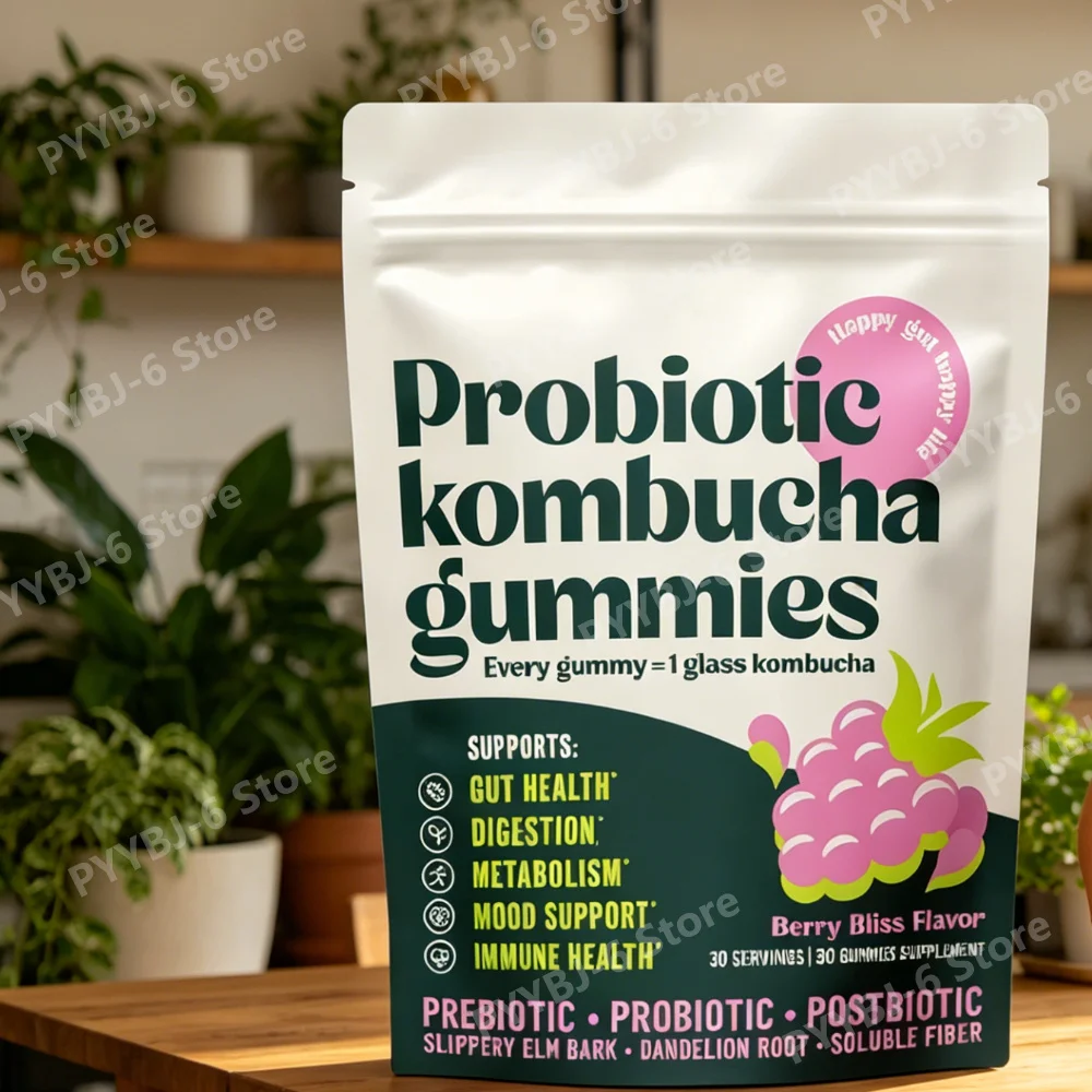 Gomitas de Kombucha Probióticas, Suplemento de Fibra Prebiótica y Postbiótica, Olmo Escamoso, Raíz de Diente de León, 30 Gomitas, Apoyo Digestivo