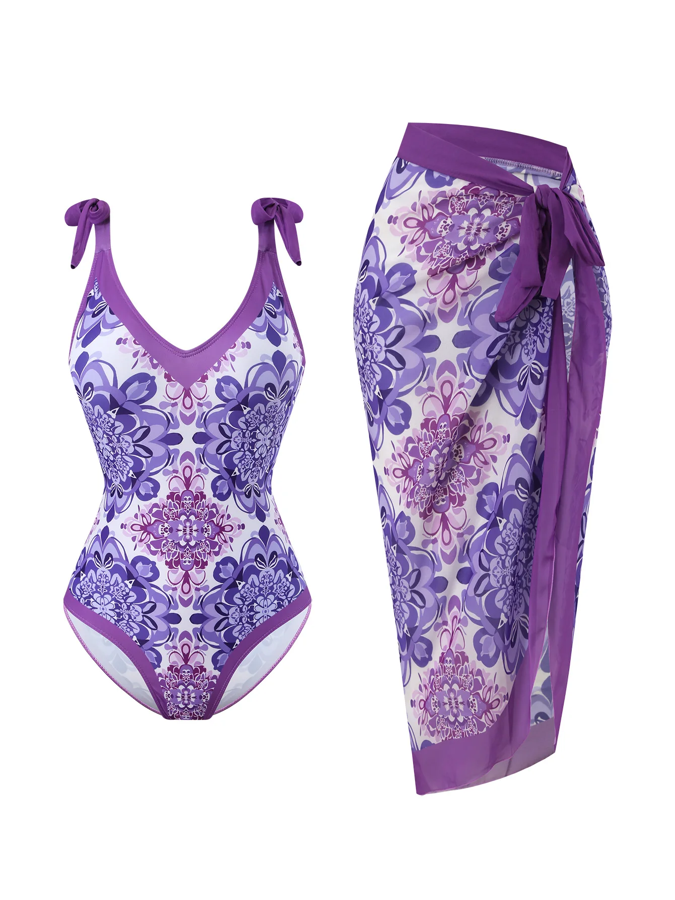 Costume da bagno intero da donna con stampa floreale bohémien, set da bagno elegante, stile abito in due pezzi per le vacanze estive