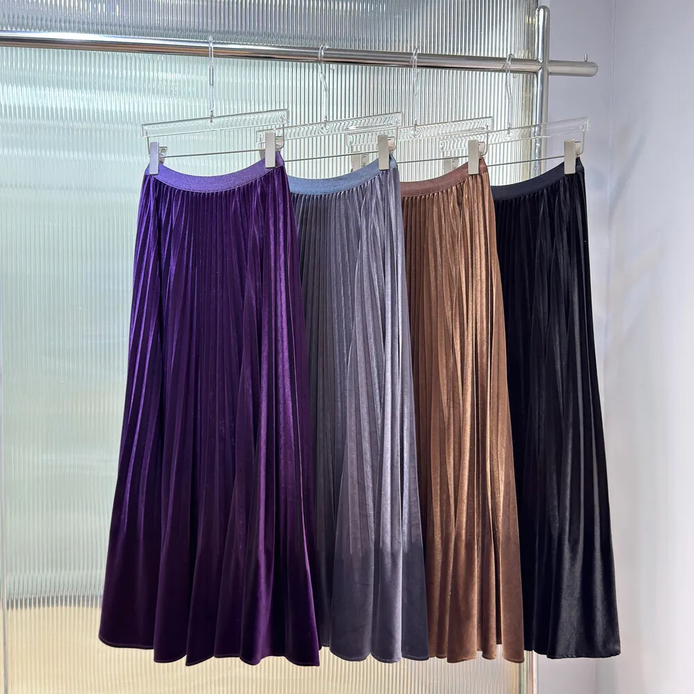 【size36】aere_velvet skirt French Retro Solid Velvet Elegant Versatile Slim Pleated Half
