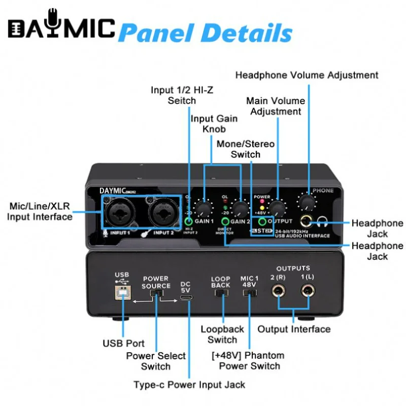 DAYMIC DM202 Professional Studio Recording 2 In 2 Out USB Audio Interface Sound Card