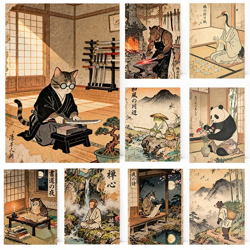 1pc frameless Canvas Painting Japanese Edo Animal Poster Japanese Ukiyo-e Woodblock Prints Canvas Painting Wall Art Pictures Hom