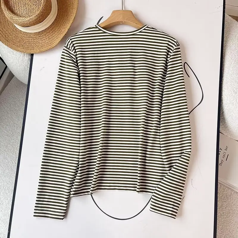 Dave&Di Minimalism Fashion Ladies Striped Tops Round Neck Long Sleeved T-shirts For Women Casual Tshirt