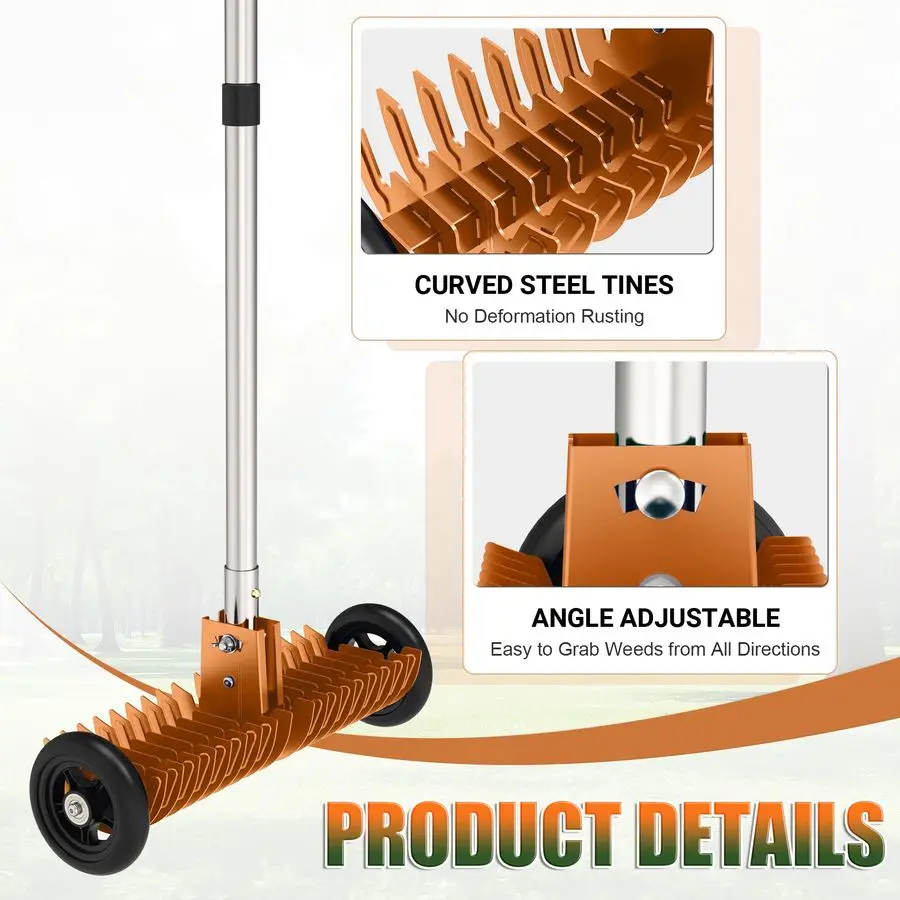 Ancinho de palha, ferramenta de desmontagem de aço de 15 polegadas, ângulo 015 ajustável e comprimento de 3868 polegadas, ancinho de quintal resistente para remoção de grama morta
