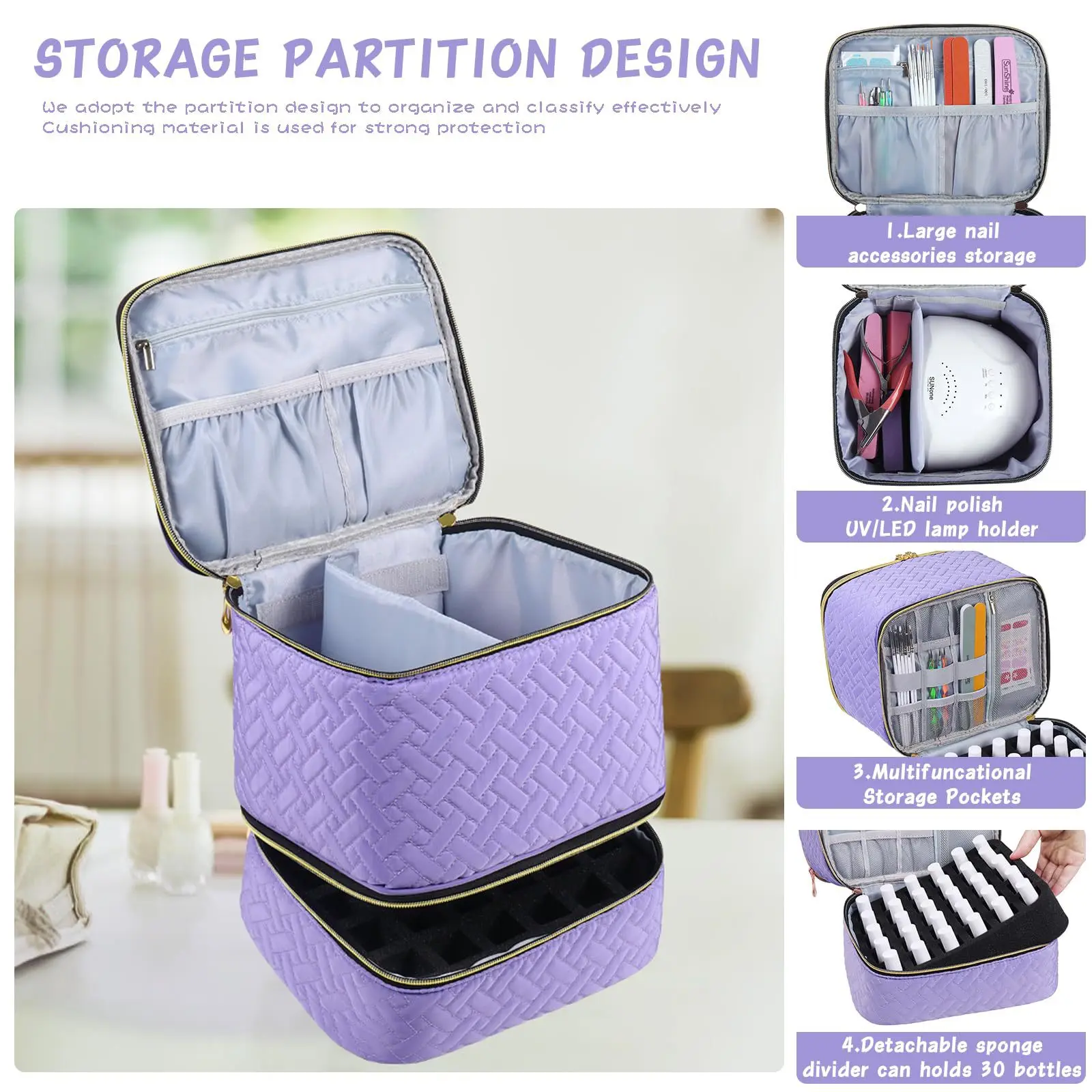 Quilted Portable Polyester Makeup Bag Women Aesthetic Wash Bag Large Capacity Toiletry Bag Cosmetic Bag Double Layer Storage Bag