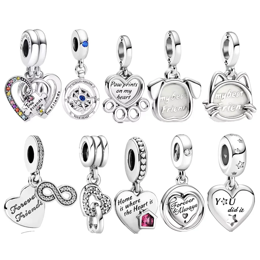 Puzzle-Stück, Herzen, teilbar, Freundschaft, baumelnd, Katze, Hund, Pfotenabdruck, Perlen-Charm, Schmuck, passend für Original-Armbänder aus 925er-Silber