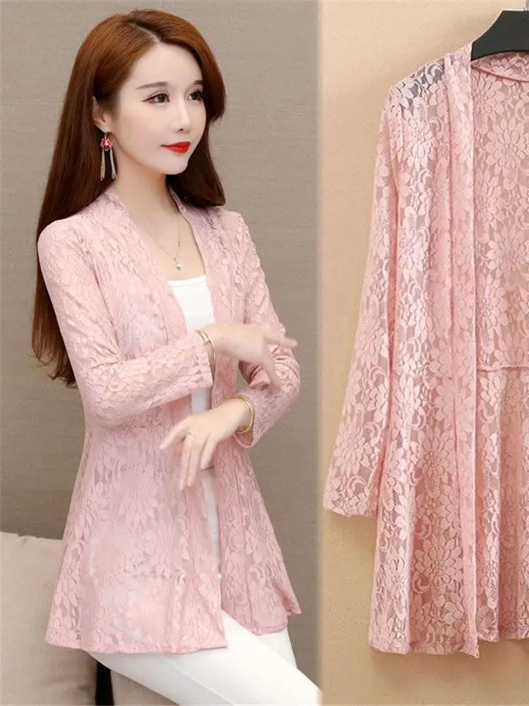 2022 Women's Long-Sleeved Lace Cardigan 3XL 4XL  5XL Summer Women Mid-Length Mesh Tops Sun Protection Thin Shawl Coat Female