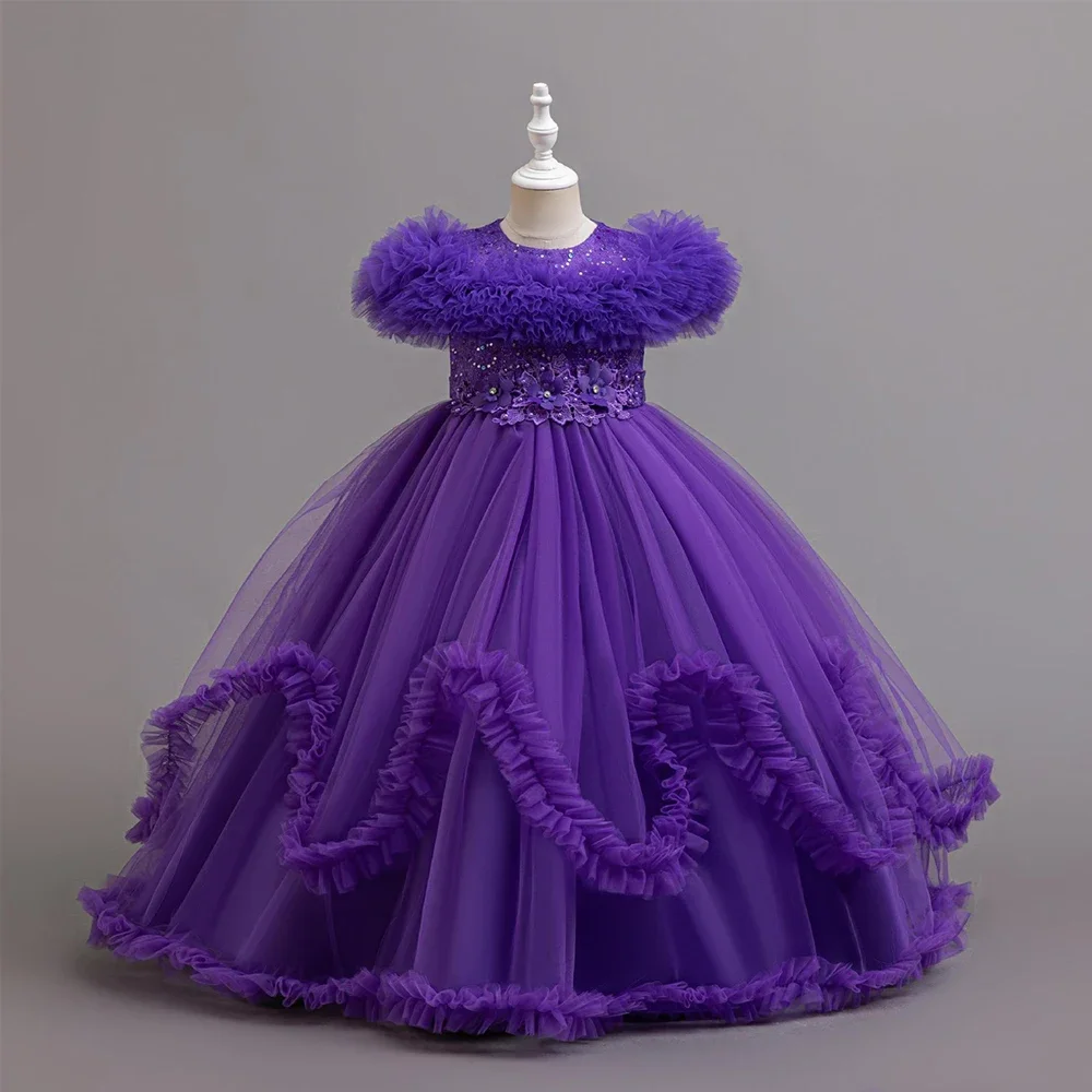 Long Flower Girl Party Dresses For Wedding Guest Kids Bridesmaid Christmas Red Blue Lace Tulle First Communion 3