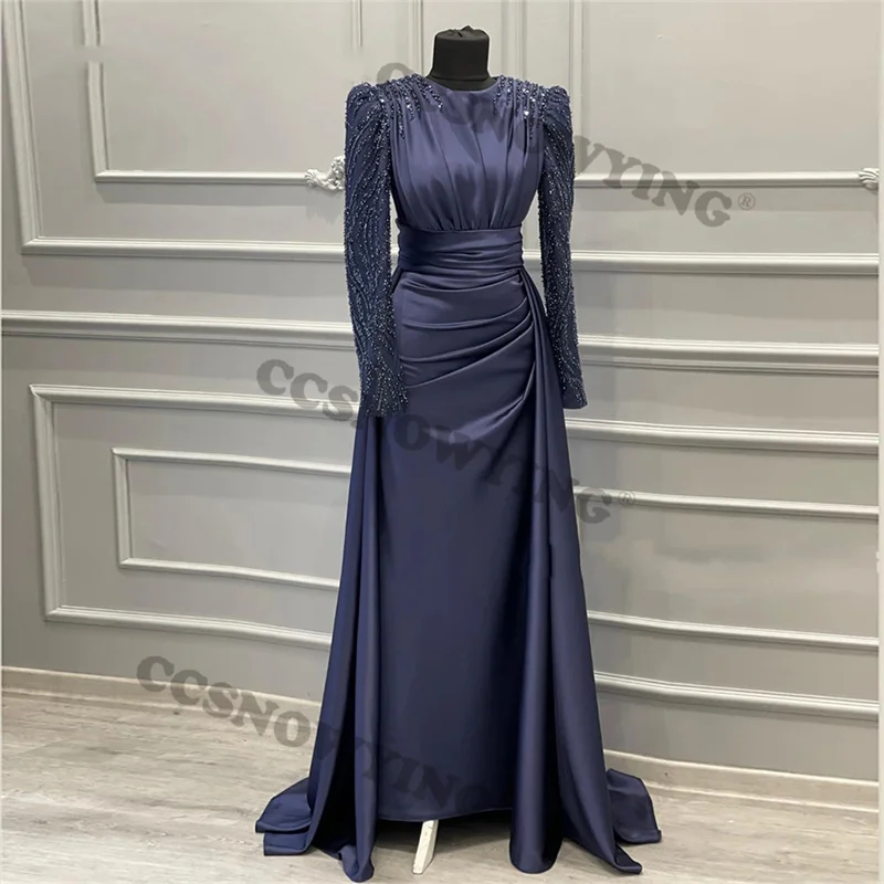 

Satin Appliques Beaded Muslim Evening Dresses Long Sleeve Hijab Islamic Formal Party Gown Arabic Dubai Women Moroccan Caftan