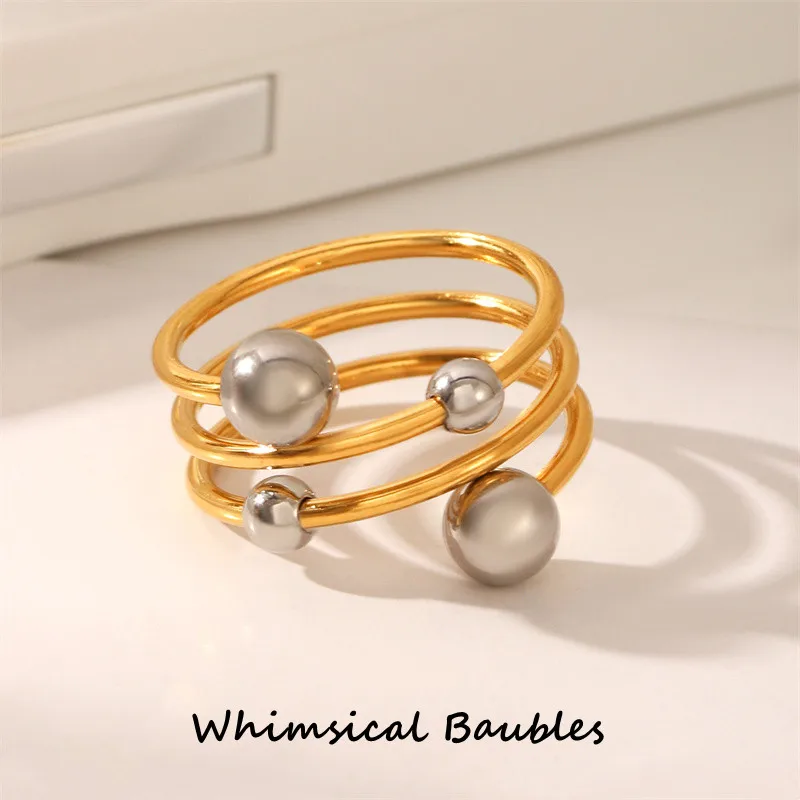 

Minimalist Women's Finger Rings Two-tone Open Ball Bead Design 18K Gold Plated Stainless Steel Waterproof