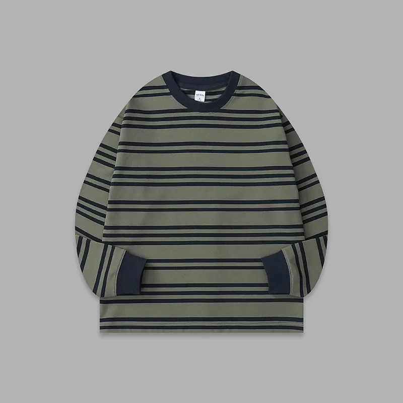 Camiseta de manga larga Unisex con puños acanalados a rayas y bloques de Color holgados con cuello redondo estilo universitario de algodón lavado de estilo japonés para hombres