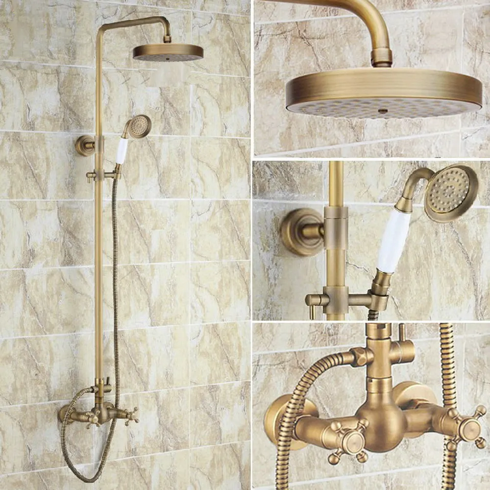 Antique Brass Bathroom Rainfall Shower Faucet Set Double Handle Mixer Tap With Hand Sprayer Wall Mounted Bath Shower Sets