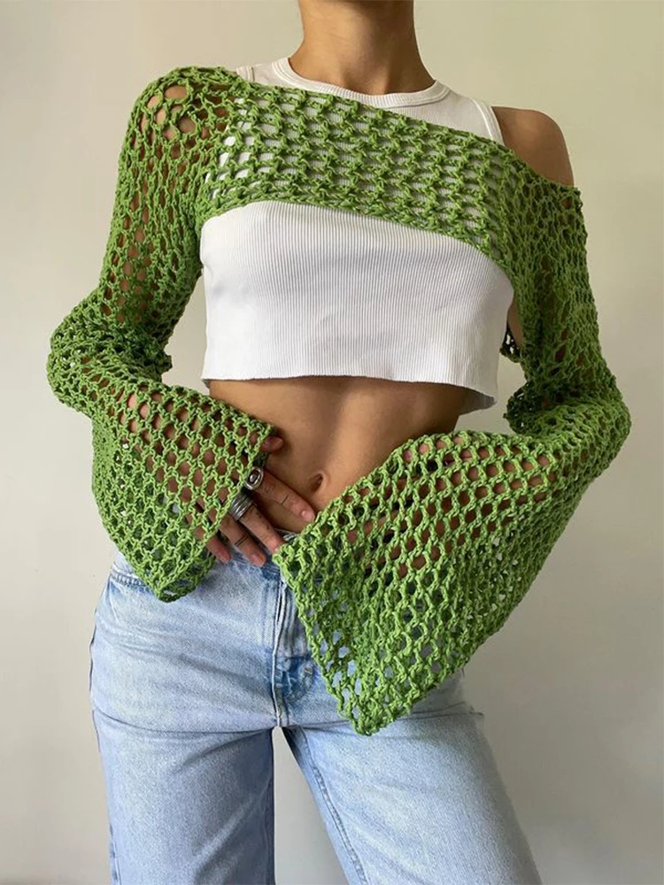 Y2k Crochet Knit Hollow Out Tops Vintage Mesh Top Grunge