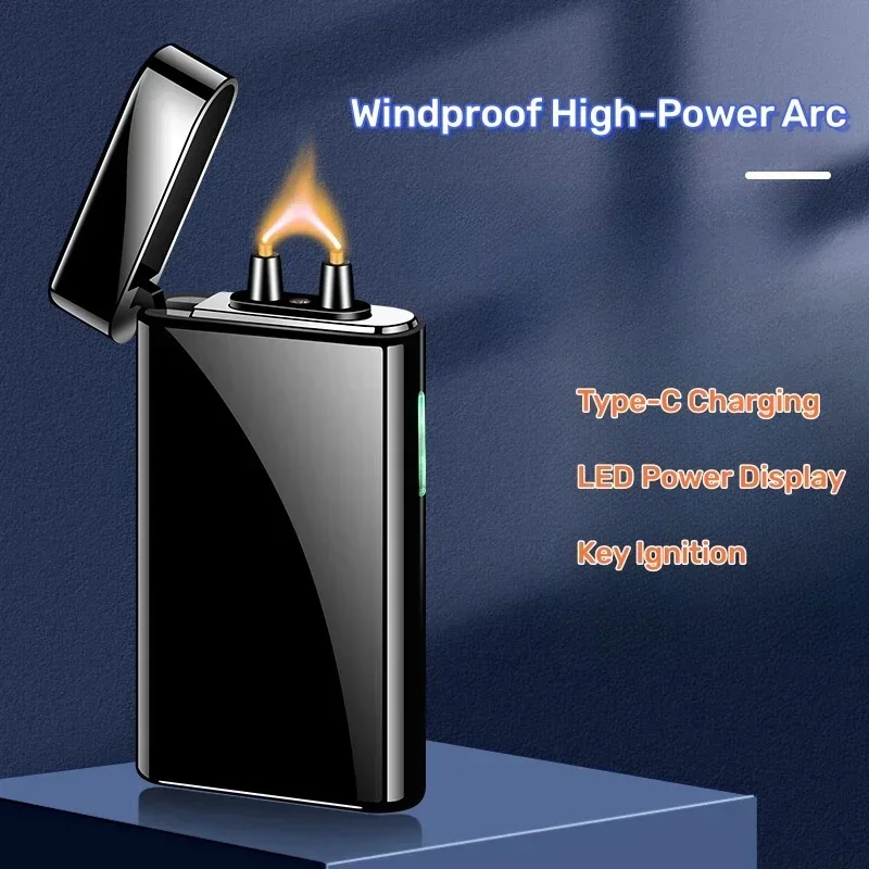 Metal Arc Flame Lighter USB Rechargeable Plasma Flameless Lighter Power Display LED Cigar Lighter Windproof Flame Gadget for Men