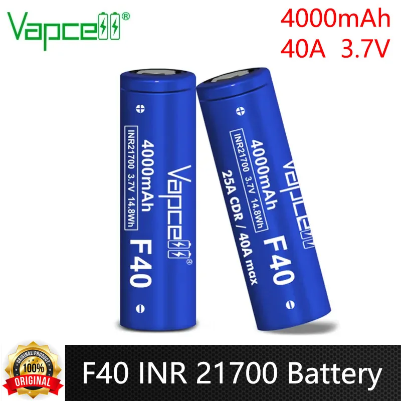 

Original Vapcell F40 INR 21700 Battery 4000mAh Capacity CDR 25A Max 40A 3.7V Rechargeable Li Ion Battery For Flashlight VapeMod