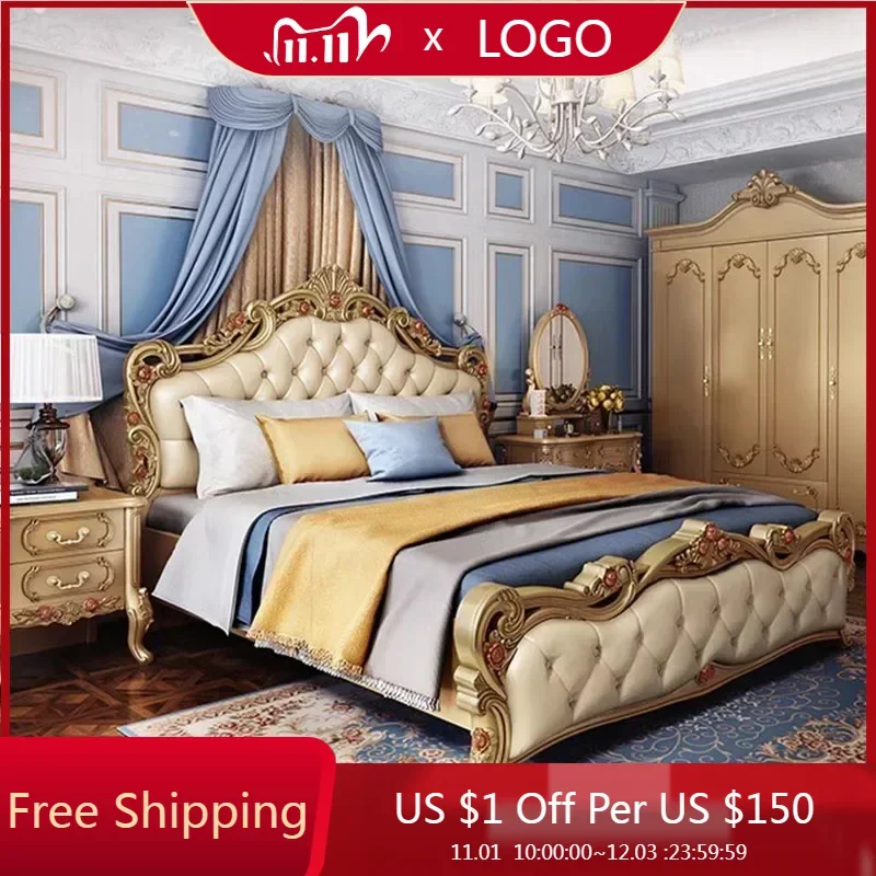 

Queen European Bed Double Wood King High End Headboard Frame Double Bed Boys Sleeping Letti Matrimoniali Bedroom Furniture