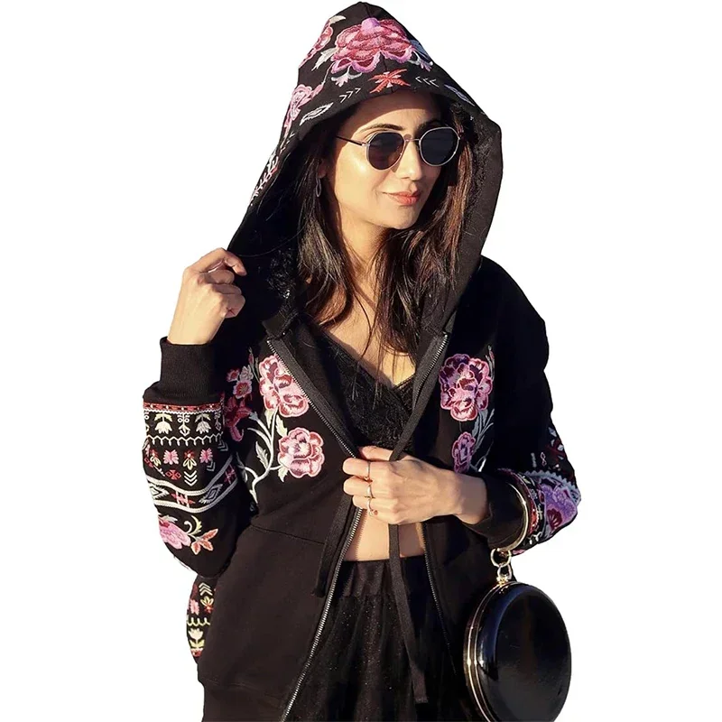 Eaeovni Women\'s Embroidered Sweatshirt Floral Boho Hooded Jacket Embroidered Mexican Full Zip Long Sleeve Fall Jacket Top