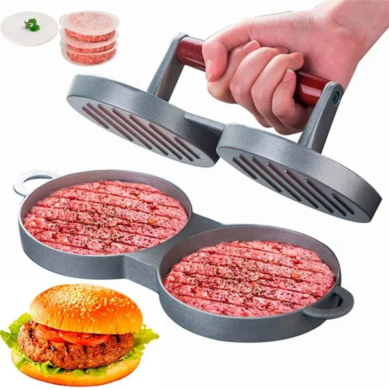 AT14 Hamburger Press Round Shape Two At A Time Aluminum Alloy Food Mold For Meat Beef Grill Burger Kitchen Tool