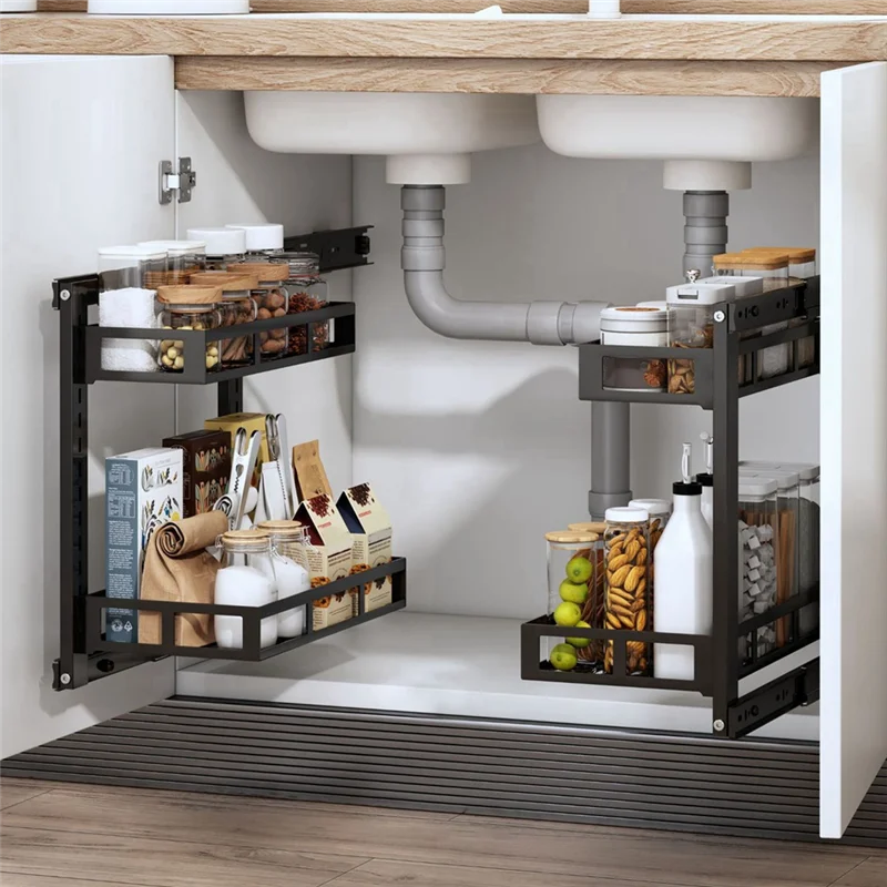 

30CM Two-Tier Kitchen Sink Storage Rack With Pull-Out Baskets For Bathroom Organization
