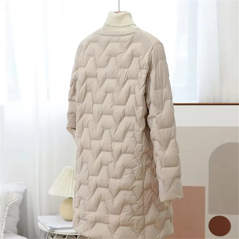 Nueva chaqueta cálida de otoño e invierno Parkas para mujer, abrigo de plumón de pato blanco fino ultraligero para mujer, prendas de vestir acolchadas largas por debajo de la rodilla de talla grande