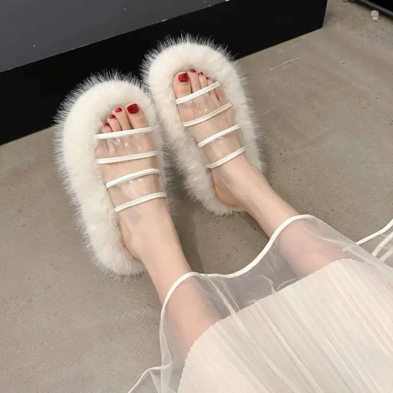 

Chunky Platform Fur Slippers Women Spring and Fall Thick Bottom Furry Outdoor Slippers Woman Short Plush Designer Shoes Female