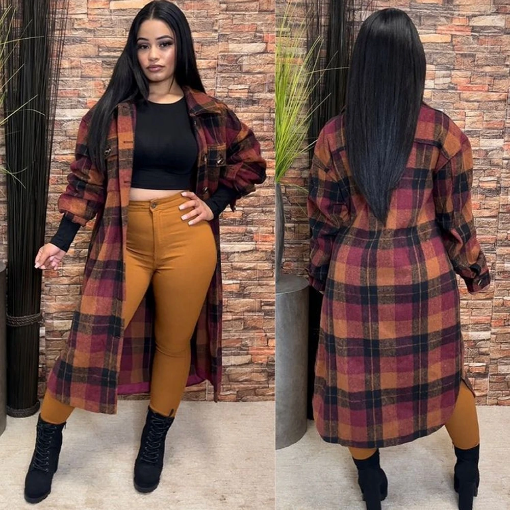 

African Dresses For Women Autumn Winter Fashion Bomber Wool Blends Jacket Coat Long Sleeve Grid Print Female Outerwear Chic Tops