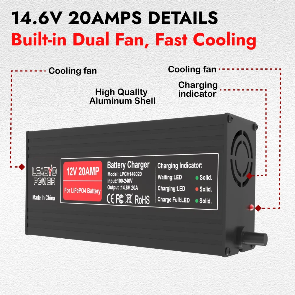 14.6V 20A Smart Lifepo4 Battery Charger 4S 12V High Power For Lithium iron Phosphate LFP RV Battery Pack 14.6V Smart Charger